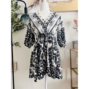Farm Rio  Black White Floral Polka Dot Linen Blend Mini Dress